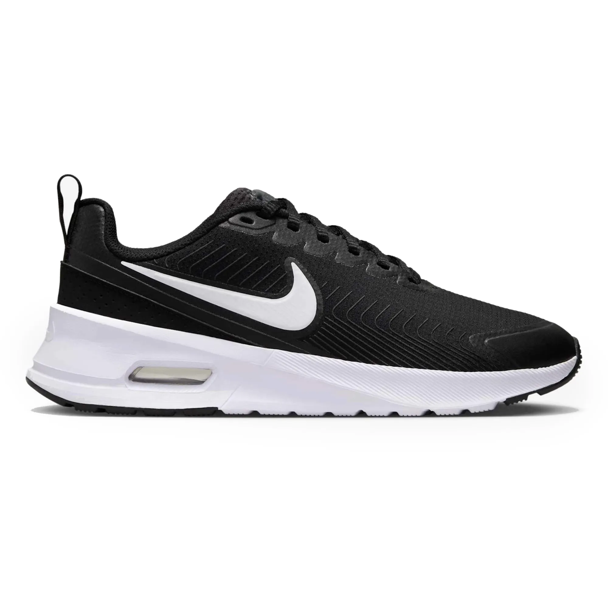 Tênis Nike Air Max Nuaxis feminino preto com detalhes branco e cinza, vista frontal mostrando design e solado branco